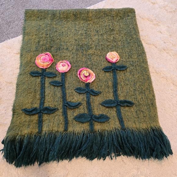 Pier 1 Other - Pier 1 Imports Cozy Teal and Pink Needle Felted Flowers 50x60 Throw